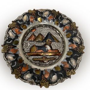 Vintage Egyptian hand made ornate metal plate pyramids sphinx